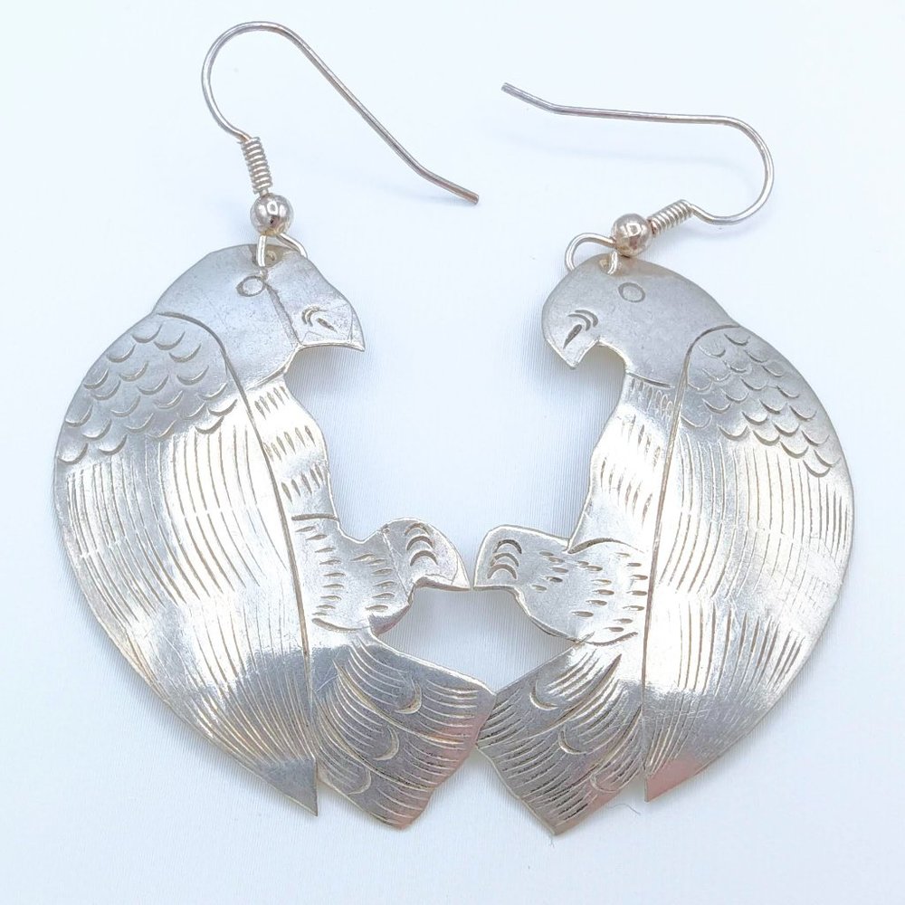 Vintage Silver Etched Bird Hawk Dangle Earrings